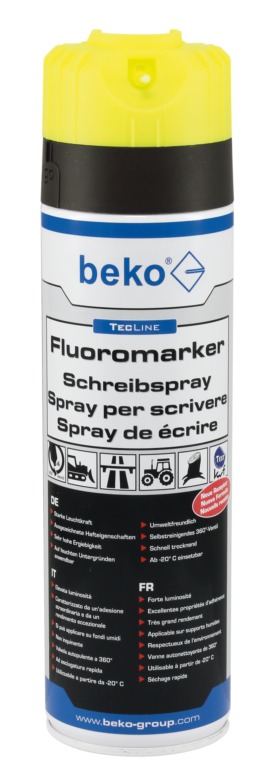 BEKO TecLine Fluoromarker Schreibspray 500 ml Leuchtgelb, UV-beständig, Sicherheitssprühkopf