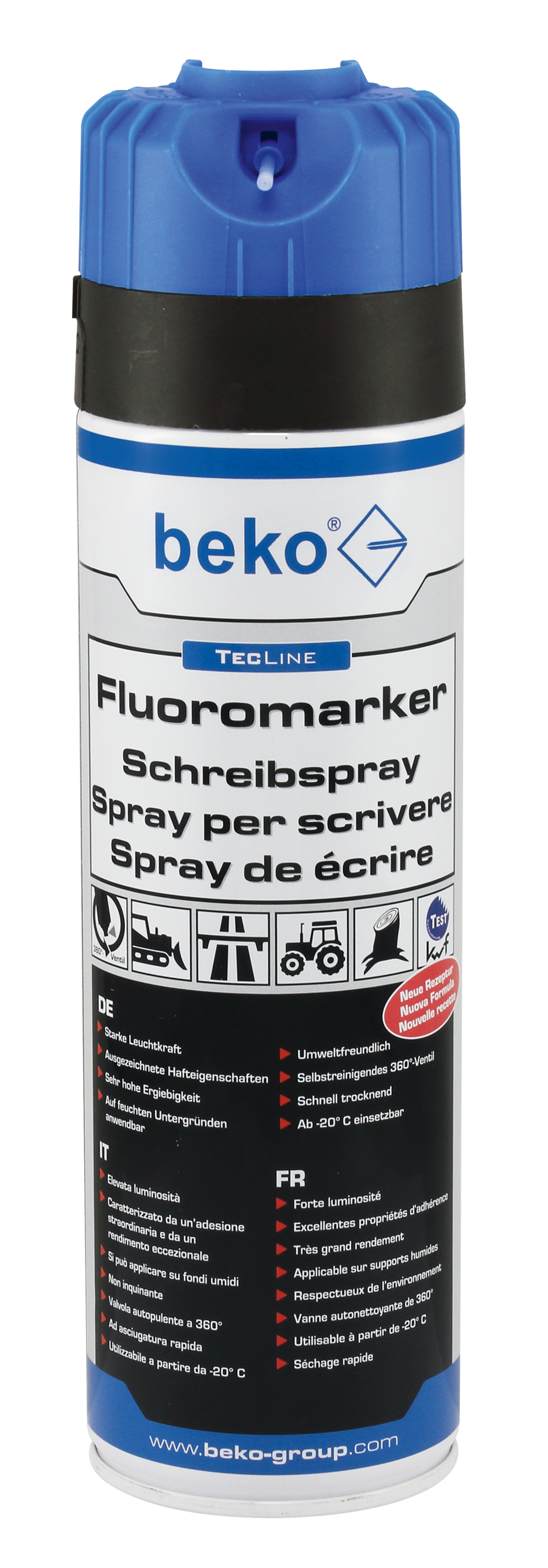 BEKO TecLine Fluoromarker Schreibspray 500 ml, Leuchtblau, UV-beständig, KWF-zertifiziert