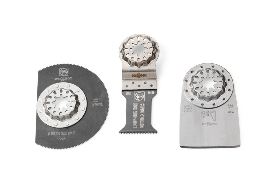 FEIN Combo Starlock RENOVATION / 3-teiliges Set für Renovierungsarbeiten an Fußböden, HSS-Segmentsägeblatt, E-Cut Long-Life Sägeblatt und festen Spachtel