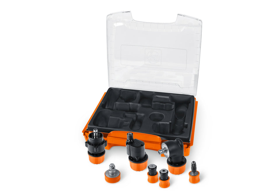 FEIN QuickIN Zubehör-Set, 7-tlg.: Bithalter 1/4", Stecknussadapter 1/2", Gewindebohr-Aufsatz mit Spannzangen (4,5 & 6 mm), Exzentervorsatz & Winkelkopf, in i-BOXX 72 mit zusätzlichem Stauraum für Zubehör