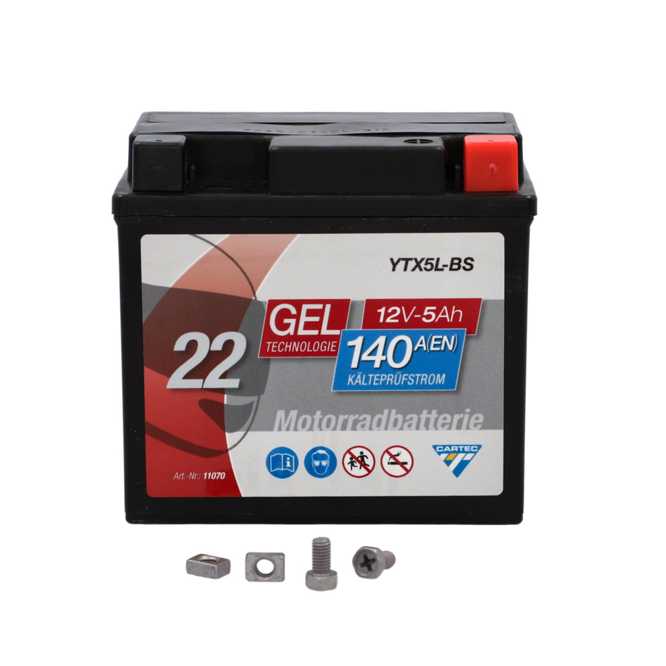 CARTEC GEL Motorradbatterie YTX5L-BS, 5Ah 140A, auslaufsicher, wartungsfrei
