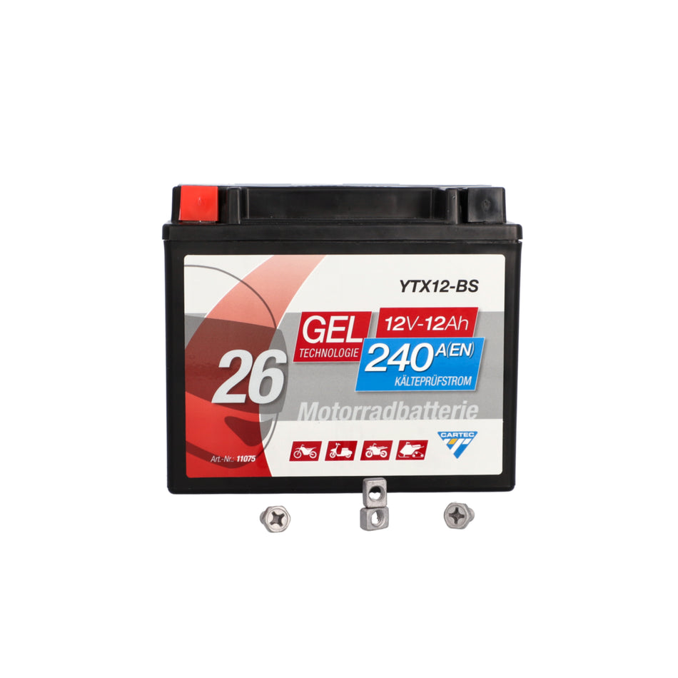 CARTEC Gel Motorradbatterie YTX12-BS, 12Ah 240A, auslaufsicher, wartungsfrei