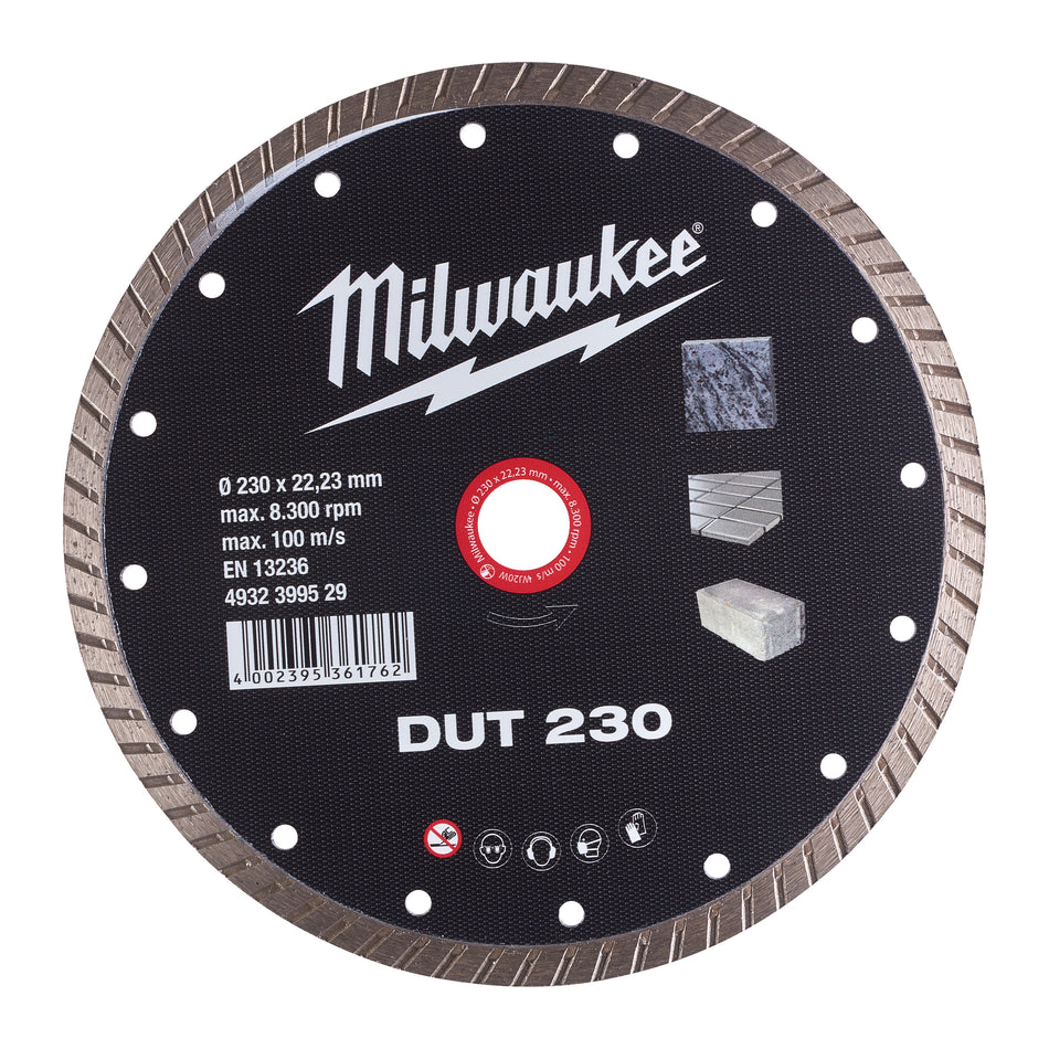 MILWAUKEE Diamanttrennscheibe, DUT 230 mm - 1 pc, Turbo, geschlossener Rand für universelle Einsätze