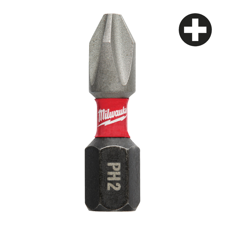 MILWAUKEE Schrauberbit Phillips Shockwave PH2 x 25 mm - 2 pcs, schlagfest, WEAR GUARD TIP, Spezialstahl