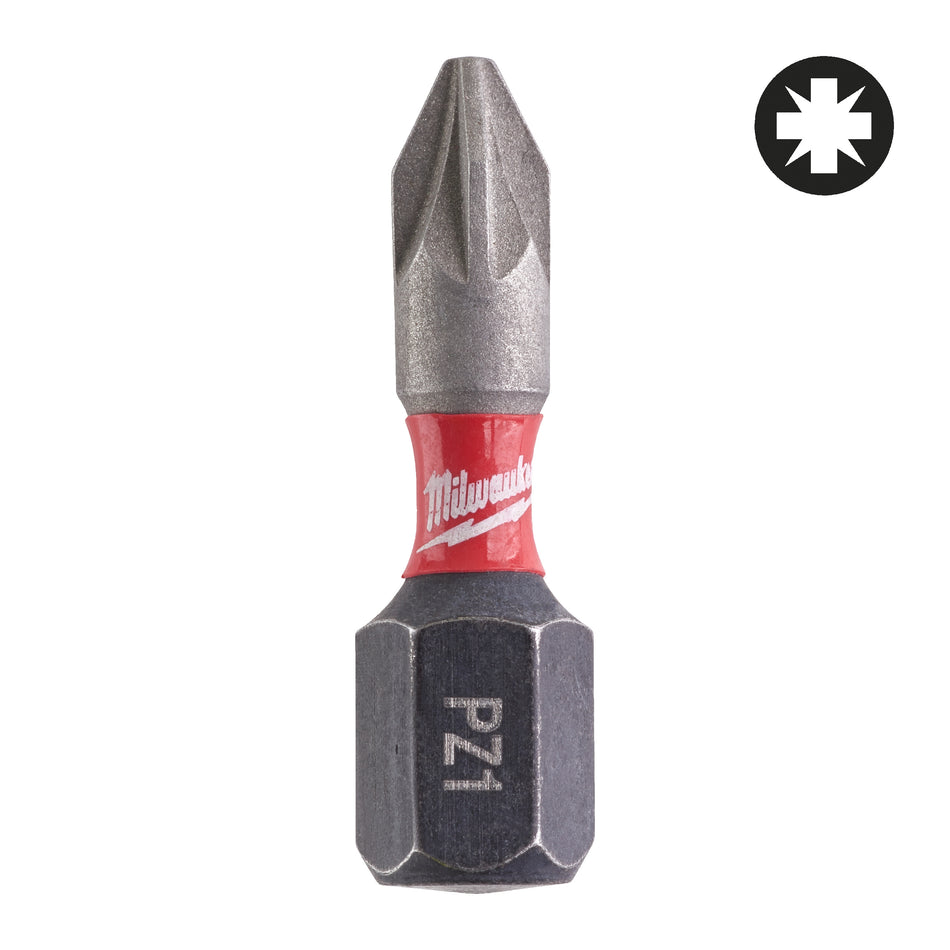 MILWAUKEE Schrauberbit Pozidrive, Shockwave PZ1 x 25 mm - 2 pcs, WEAR GUARD TIP™, SHOCK ZONE™ Geometrie