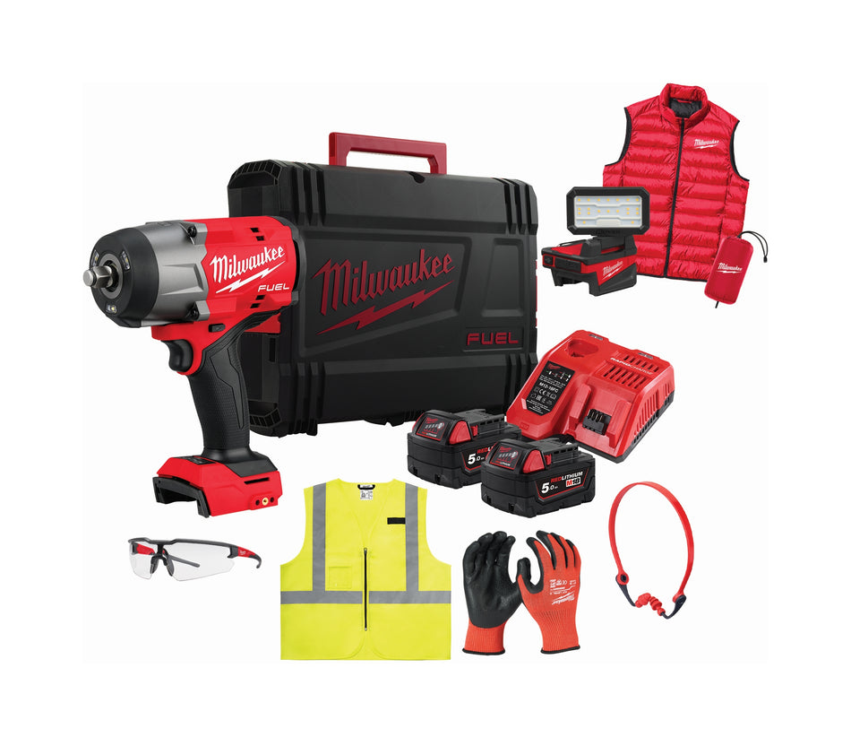 MILWAUKEE Akku-Maschinenset M18 FHIWF2F12MC-502X, inkl. Schlagschrauber, Bauleuchte, PPE, Handschuhe, Weste