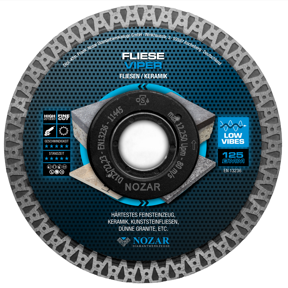 NOZAR Dia-TS Fliesentrennscheibe 125x22,23 mm, 1,2x10 mm, geschlossener Rand, verstärkter Kern