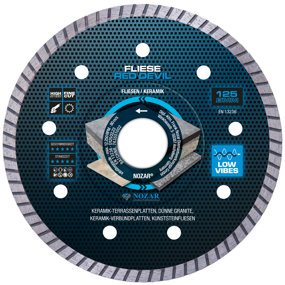 NOZAR Dia-TS Diamanttrennscheibe 125x22,23 mm Red Devil Fliese, 1,2x7 mm, Turbo, geschlossener Rand