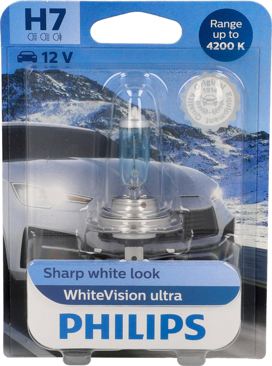 PHILIPS H7 WhiteVision ultra Halogen-Scheinwerferlampen, 4200 Kelvin, Straßenzulassung