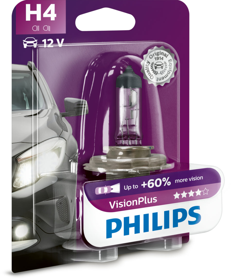 PHILIPS H4 VisionPlus Scheinwerferlampe, 60/55W 12V P43t-38 Sockel, 1 Stück