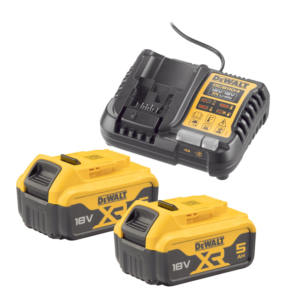 DEWALT Akku-Kit 18V/5Ah DCB184, inkl. System-Schnellladegerät DCB1104 und 2 Akkus