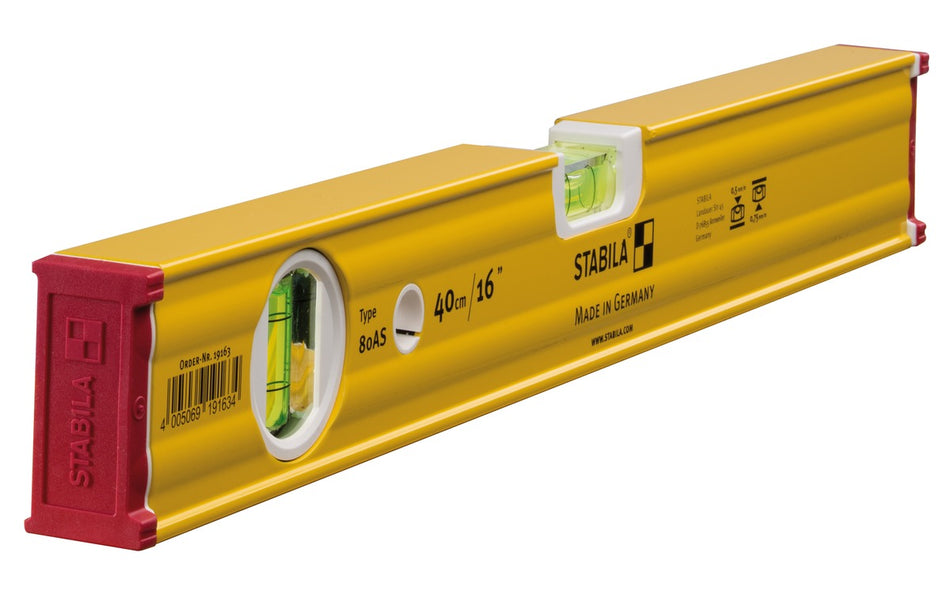STABILA Wasserwaage Type 80 AS, 40 cm, rutschfest, 2 Libellen, beschichtete Messflächen