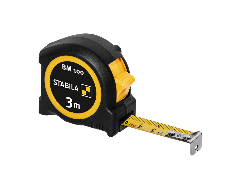 STABILA Taschenbandmaß BM 100, 3 m, Metrische Skala, ABS-Gehäuse, Metall-Clip