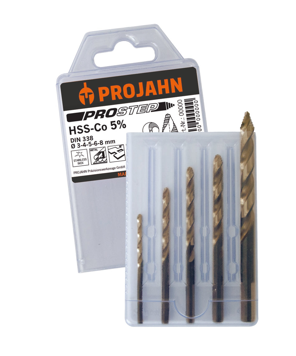 PROJAHN Spiralbohrer-Set DIN338 HSS-Co5% PROSTEP, 5-tlg., Ø 3-8 mm, Stufenspitze