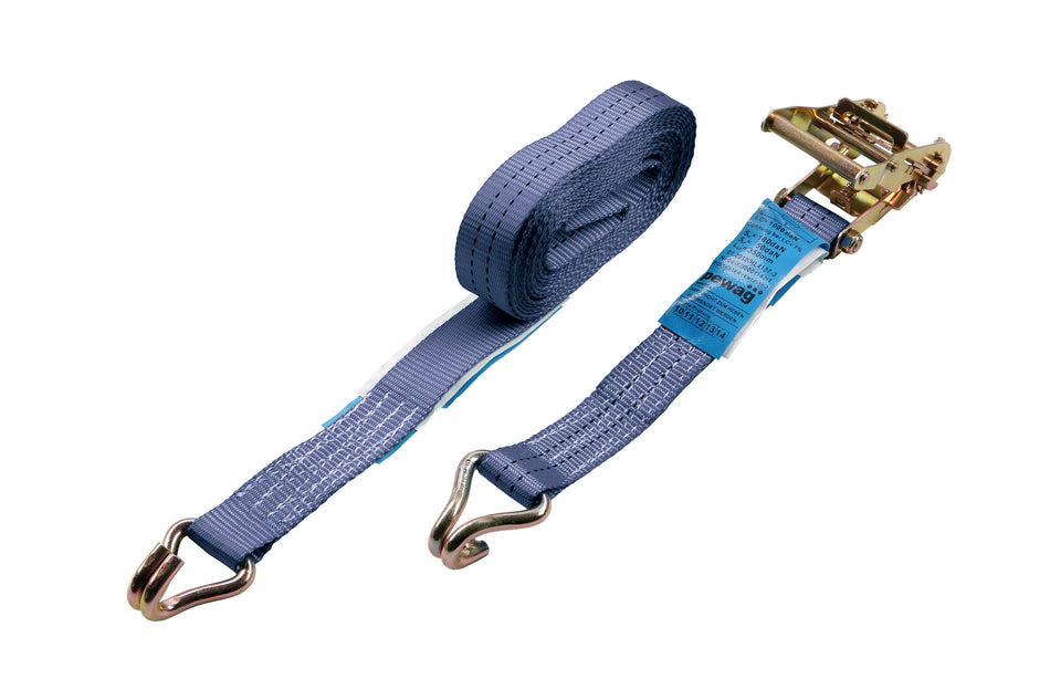 PEWAG Zurrgurt blau zweiteilig mit Ratsche und Rundhaken, 8 Meter, Bandbreite 50mm, 2500 daN